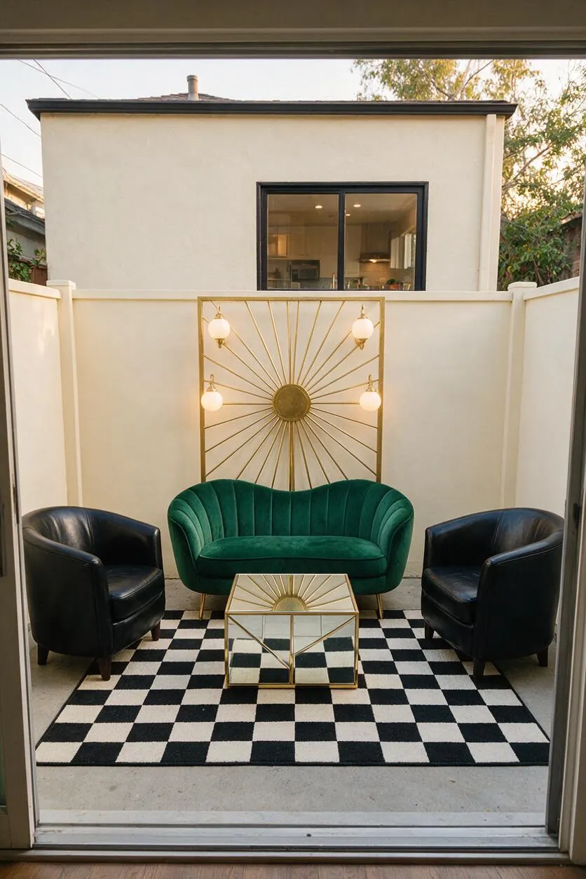 A small backyard seating area styled in Art Deco fashion, featuring a emerald green velvet loveseat centered against a cream wall, flanked by two black leather armchairs. A gold sunburst wall panel with four globe lights creates a dramatic focal point above a mirrored gold coffee table on a black-and-white checkered rug.