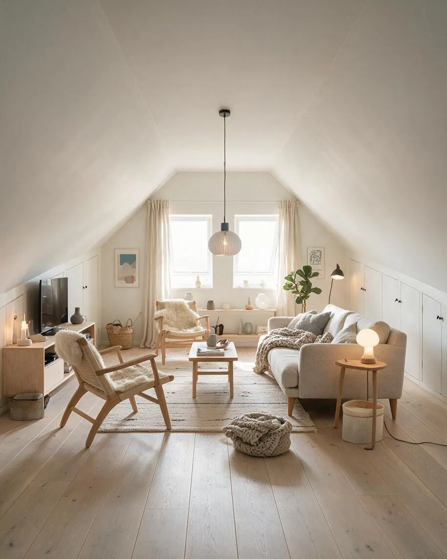 A bright Scandinavian-style attic game room with a pitched white ceiling, pale wood floors, and soft neutral furnishings. The space includes a light gray sofa, two wood-framed lounge chairs with sheepskin throws, a small coffee table, a TV console, a floor lamp, and warm decorative lighting by the windows.