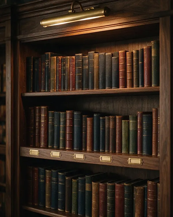 A dark walnut bookshelf filled with rows of vintage leather-bound books in muted navy, brown, and green tones. A brass picture light mounted above casts a warm glow over the shelves, and small brass drawer pulls line the middle section, enhancing the scholarly Dark Academia mood.