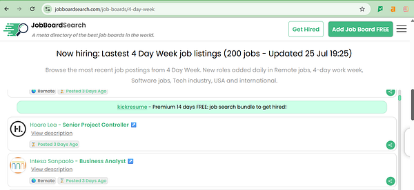 The image displays a job listing webpage focused on 4-day work week positions.