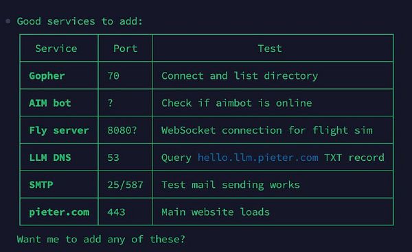 Screenshot of a terminal window running a network test script with various services tested and their status output.