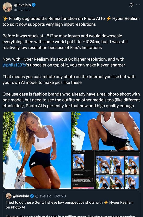 The image features a side-by-side comparison of a fashion photo and a digital editing interface showcasing high-resolution capabilities.