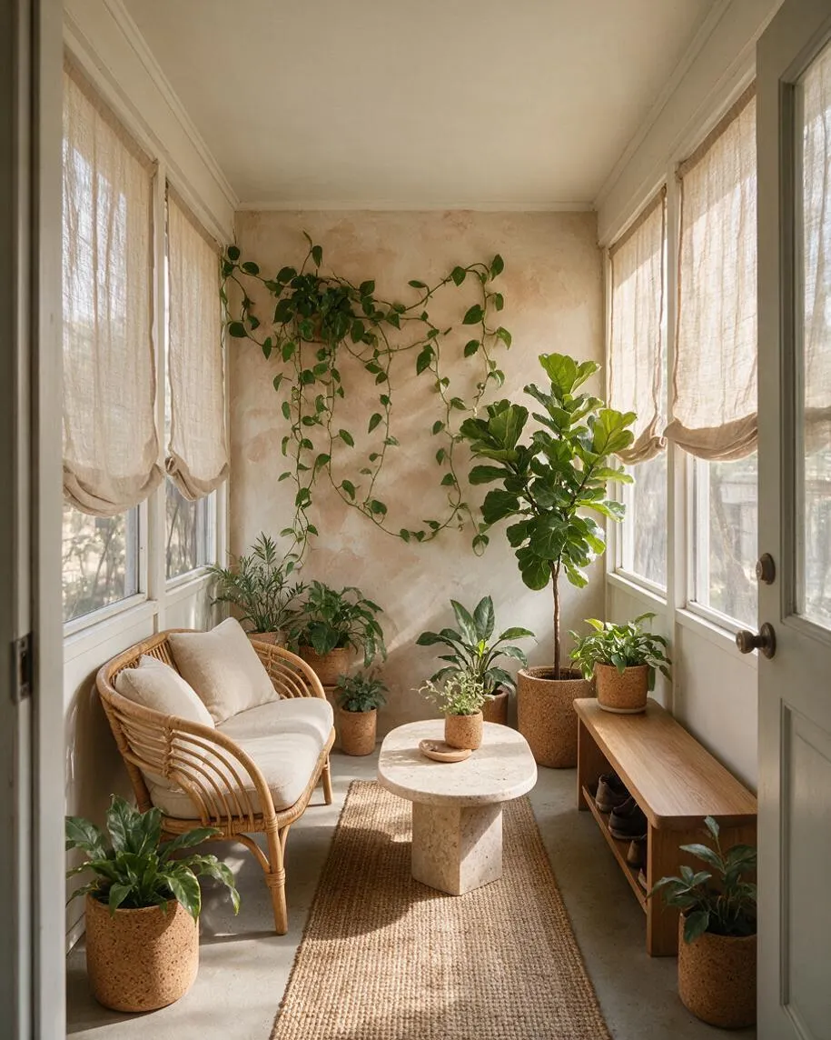 A narrow front porch filled with potted green plants, a rattan lounge chair with cream cushions, and a small round stone table. Sheer beige curtains soften the windows, while a woven rug and light wood bench add warmth to the airy, plant-rich space.