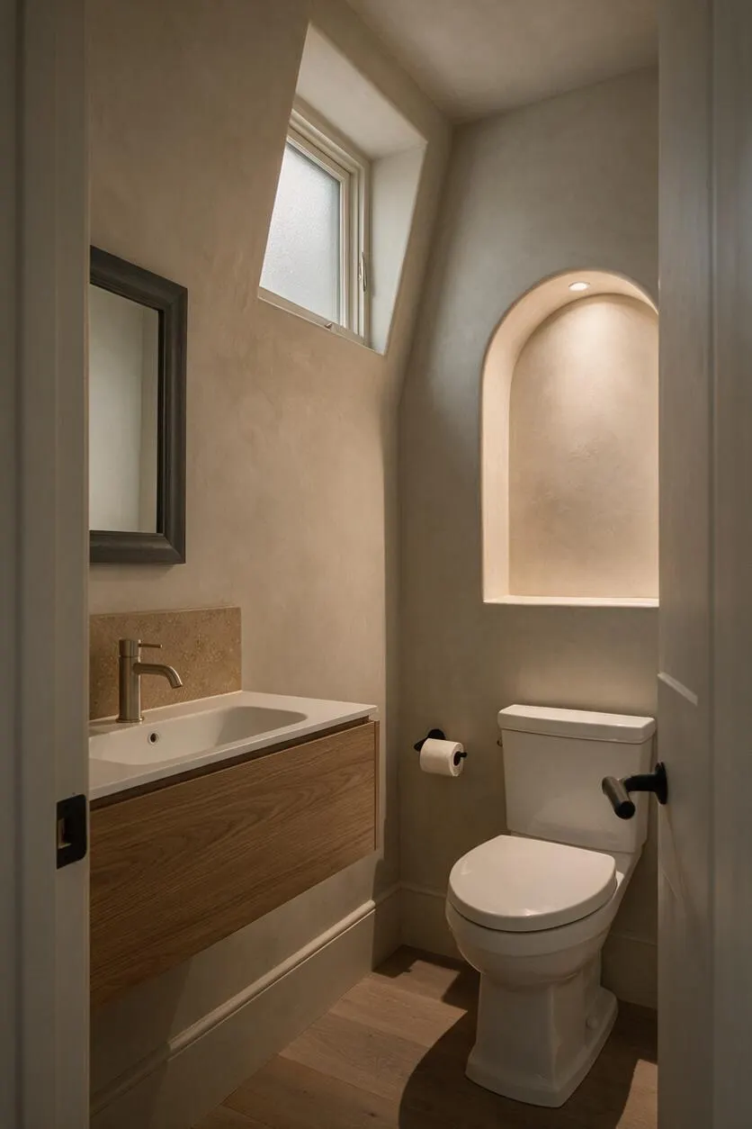 A compact modern powder room with a white toilet, floating wood vanity, and small sink beneath a dark-framed mirror. Soft beige plaster walls, a high frosted window, and a recessed arched niche with downlight create a calm, warm atmosphere.