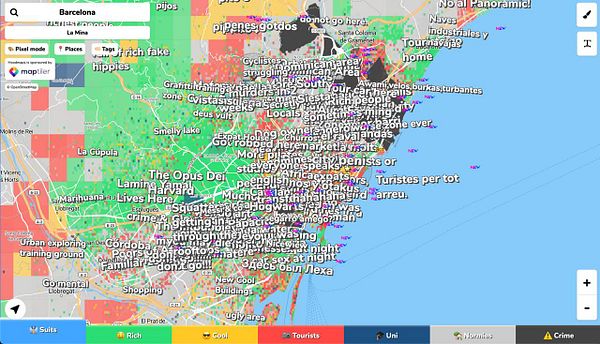 An interactive map interface displaying clustered location tags with pop-up details and accessible sidebar options.