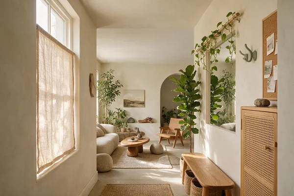 A bright entryway with cream plaster walls, a woven window shade, and abundant greenery creating a calm biophilic atmosphere. A rattan-front cabinet, wooden bench, corkboard, arched opening, and soft natural textiles add warm organic texture throughout the space.