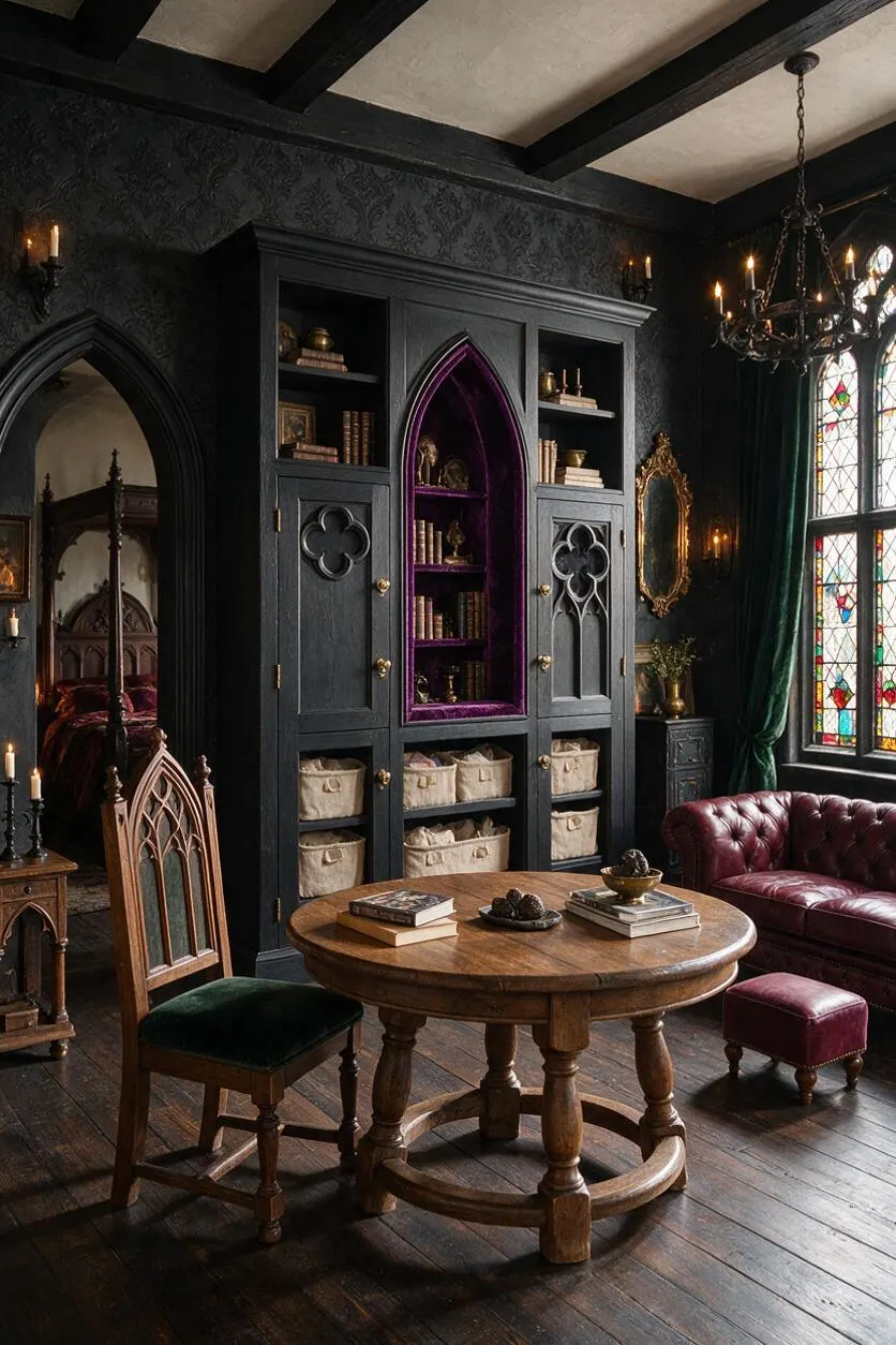 A dark Gothic-style nursery featuring black patterned walls, an arched built-in cabinet with purple velvet lining, a round wooden table, and burgundy leather seating. Stained glass windows, a wrought-iron chandelier, carved wood furniture, and candle-style sconces create a dramatic, old-world atmosphere.