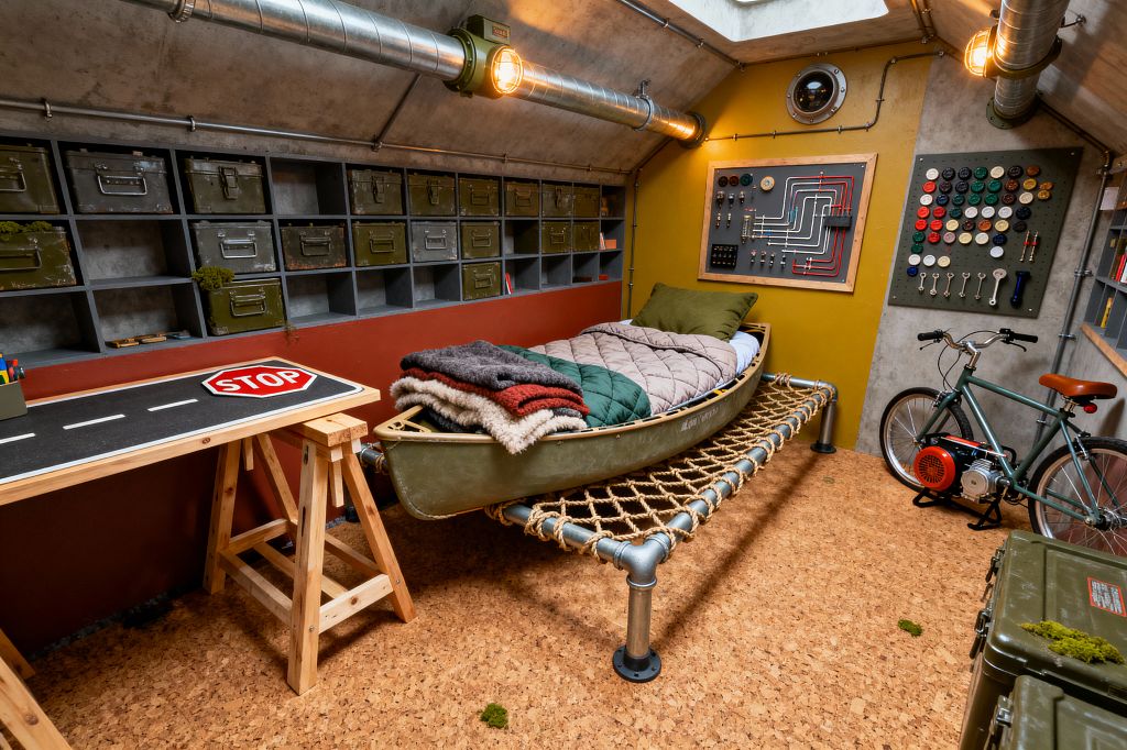 Kids’ room styled like a survival bunker with a green canoe used as a bed on a rope-and-galvanized pipe base over cork flooring. Concrete walls, a mustard accent panel, cubbies filled with olive metal ammo boxes, a pine trestle desk with a road graphic, industrial ducting with caged bulbs, a skylight, a bicycle with a small motor, and playful control panels and tools complete the scene.