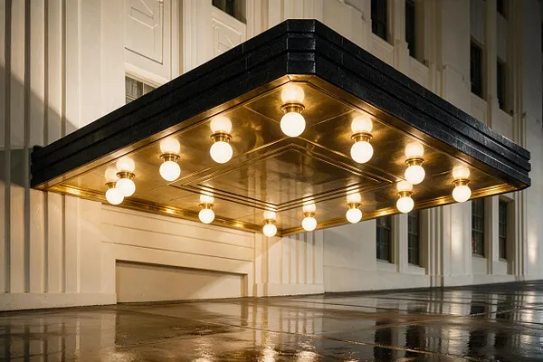 A dramatic Art Deco exterior canopy projects from a cream-colored building facade. The underside is a reflective gold surface lined with small globe bulbs, while the thick black stepped border and geometric detailing create a glamorous, symmetrical look above a wet stone pavement.