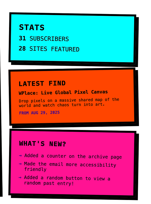 The image displays a colorful update section featuring statistics, a latest find, and new features.