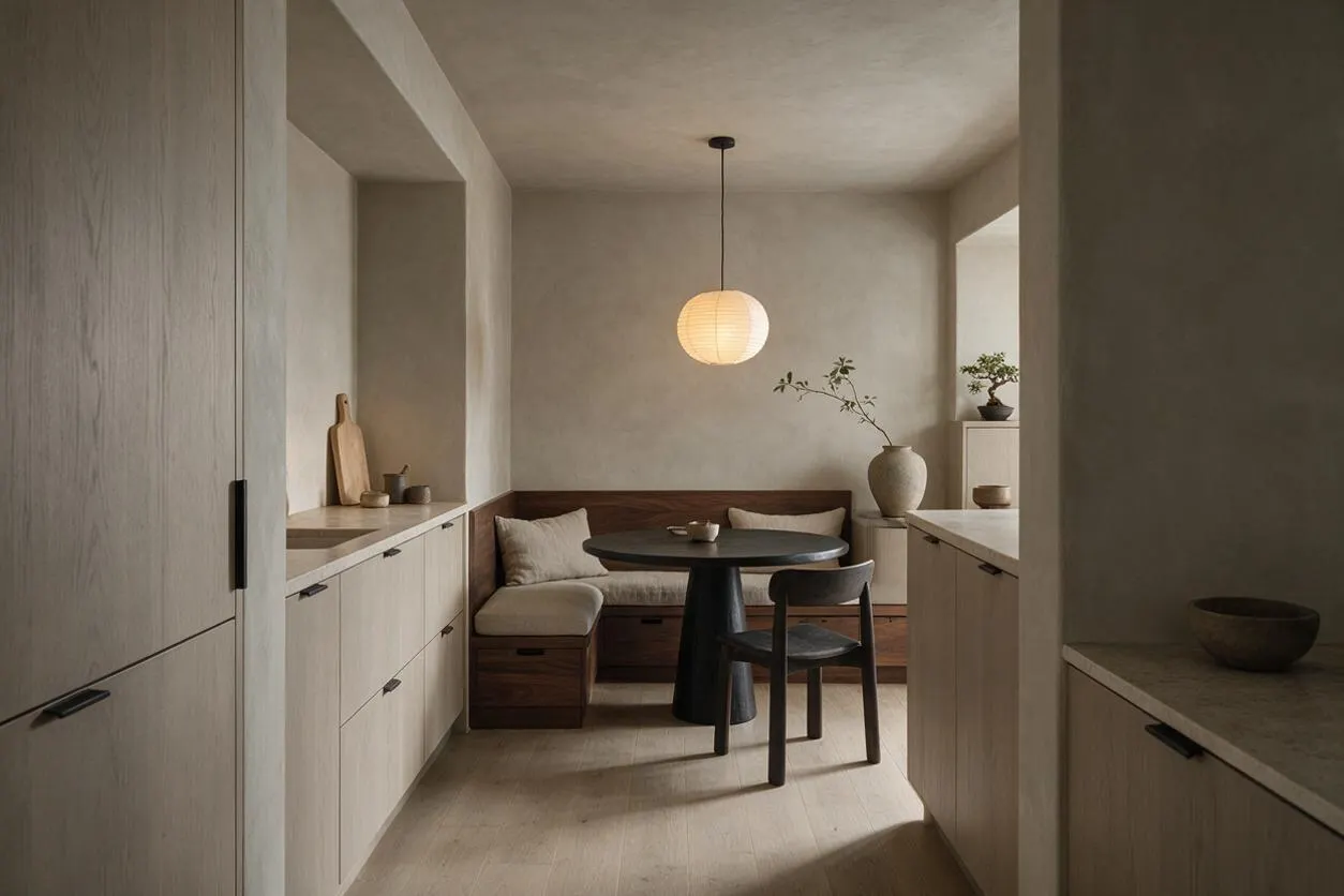 A serene Japandi-style kitchen with pale wood cabinetry, a light stone countertop, and a built-in dining nook at the back. A round black pedestal table and dark chair sit beside cushioned bench seating, while a paper pendant lamp and ceramic vases add softness to the calm neutral space.