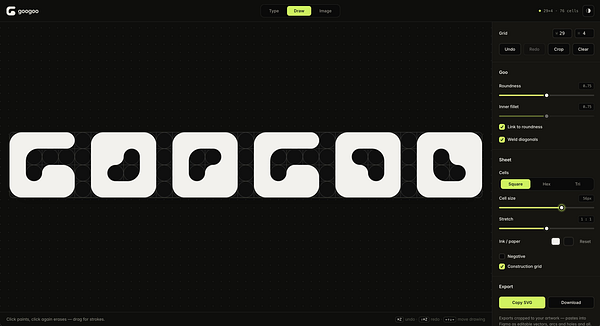 Screenshot of a web-based Gooey editor interface showing various UI controls, code preview, and image upload options.