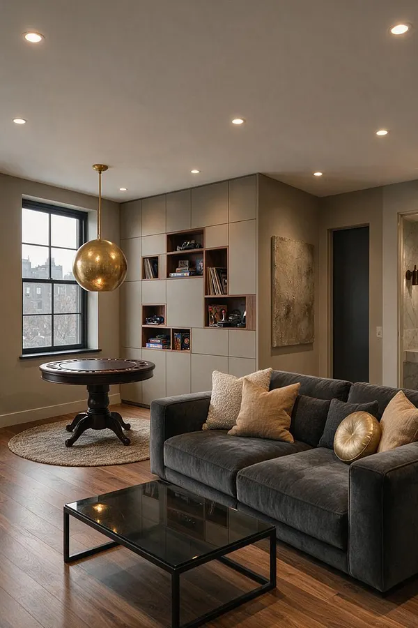 A modern game room features a dark velvet sofa, a black glass coffee table, and a round game table near a large window. Built-in shelving with books and decor lines the back wall, while a large gold pendant light adds a dramatic focal point.