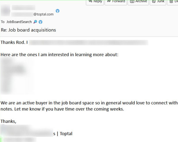 Screenshot of an email from Toptal expressing interest in acquiring job boards and the #jobboardsearch Marketplace.