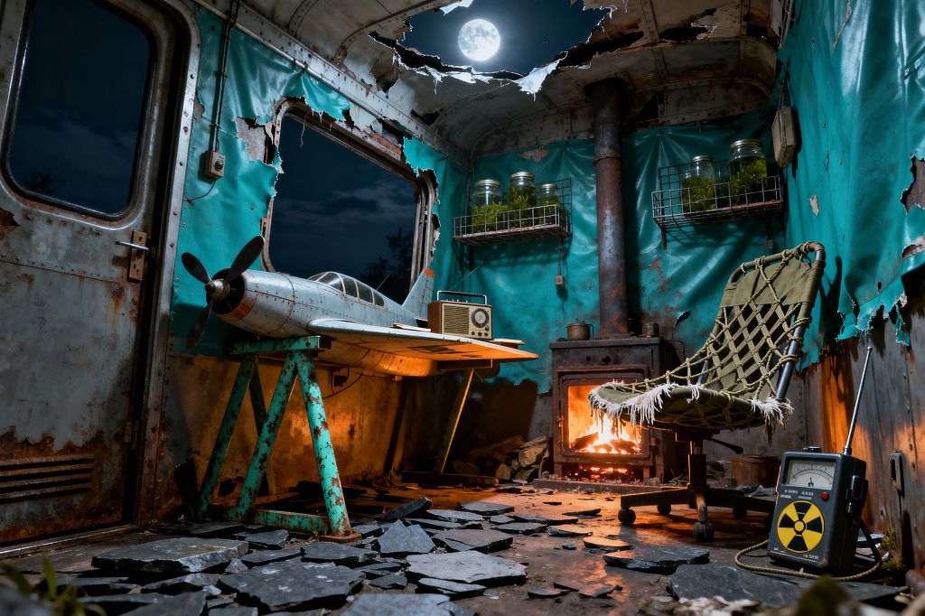A derelict metal railcar serves as a home office at night, lit by a wood-burning stove while the moon shows through a torn roof. Turquoise tarp lines ripped walls with rusted steel edges. An improvised desk made from an aluminum airplane fuselage sits on teal trestles, holding a vintage radio. Wire shelves display glass jars with green plants. An olive canvas-and-rope swivel chair faces the fire, amid broken slate on the floor and a Geiger counter.