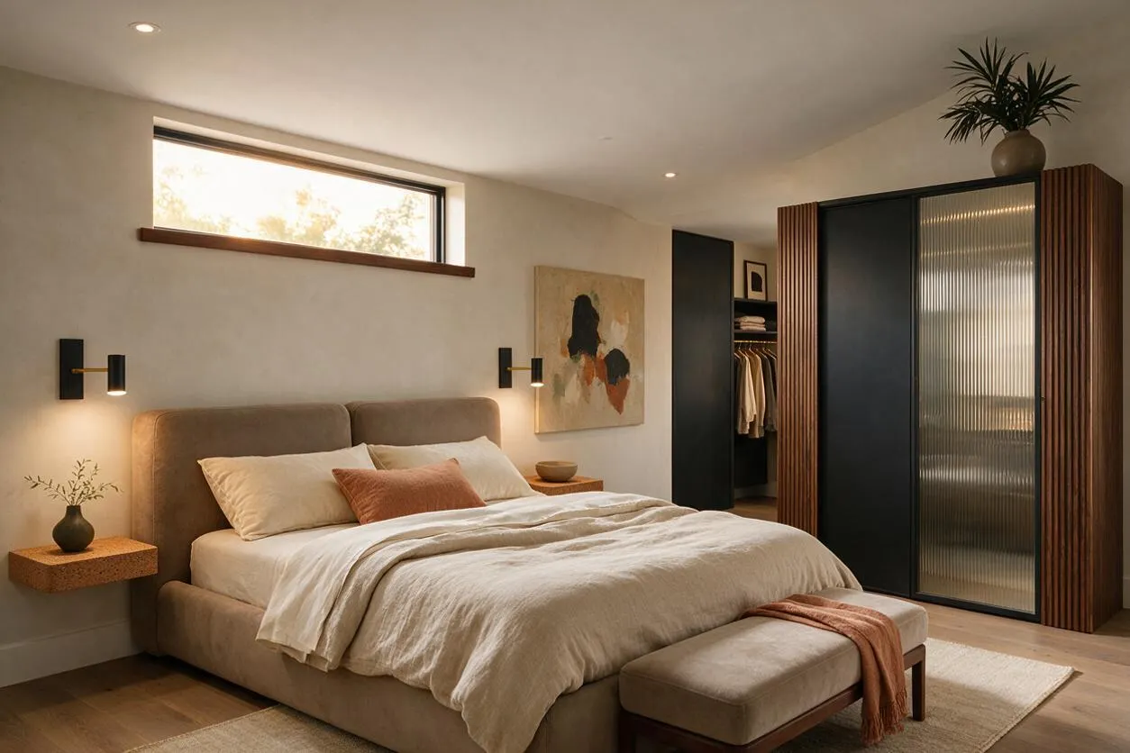 A modern guest bedroom with a low upholstered bed in beige tones, layered neutral bedding, and a small upholstered bench at the foot. Black wall sconces, floating wood nightstands, abstract wall art, and a large wardrobe with dark panels, ribbed wood detailing, and frosted glass add contrast and texture.