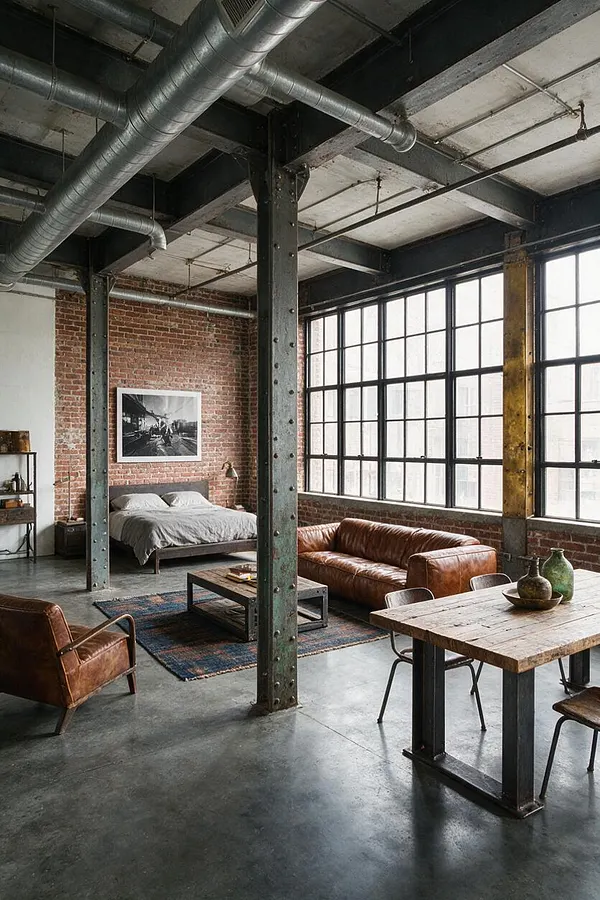 A spacious industrial studio apartment with exposed steel columns, ductwork, and beams, a red brick wall, large black-framed factory windows, and a polished concrete floor. The room includes a leather sofa, a low bed with gray bedding, a rustic wood dining table, and a patterned rug.