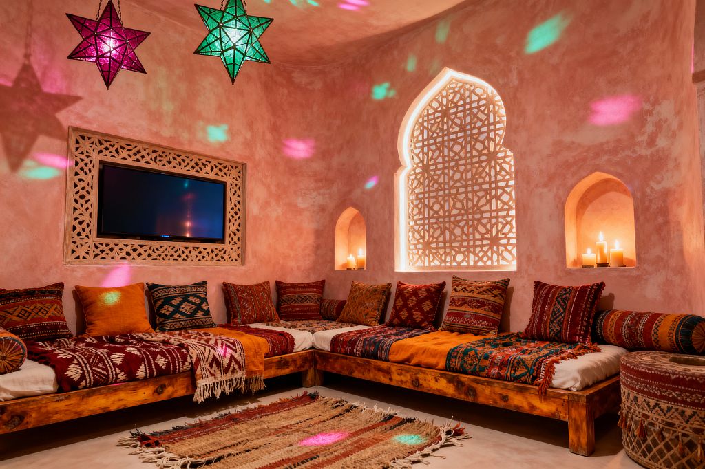 A cozy media room with terracotta-pink plaster walls and an L-shaped low wooden bench topped with white cushions, kilim pillows, and patterned throws. A TV is recessed in a carved wood frame, a backlit arched lattice screen and candle niches warm the corner, and two colored-glass star pendant lanterns cast green and magenta light across the walls, complemented by a flatwoven jute rug and a kilim-upholstered ottoman.