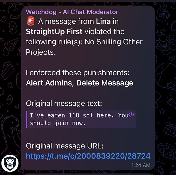 A Telegram chat moderation alert detailing a rule violation by a user named Lina.