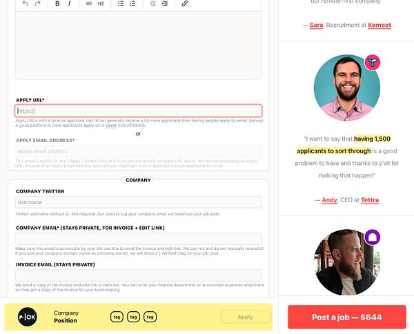 The image displays a job posting interface with various fields for application details and testimonials from users.