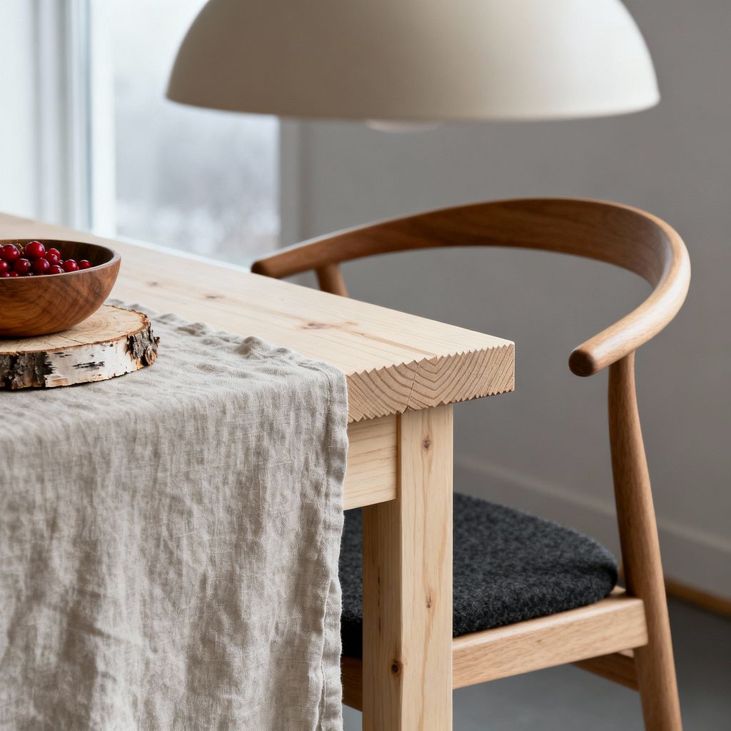 Close-up of a Scandinavian dining scene with a pale pine table featuring a subtly textured end edge and a wrinkled oatmeal linen runner. A walnut bowl of red berries sits on a birch wood slice centerpiece. Beside the table is a curved-back oak chair with a charcoal wool-felt seat. Above, a large matte cream dome pendant hangs, while soft daylight from a nearby window illuminates light neutral walls.