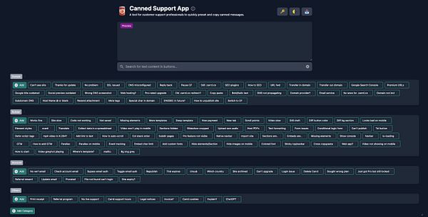 The image displays the interface of the Canned Support App, showcasing various preset messages for customer support tasks.