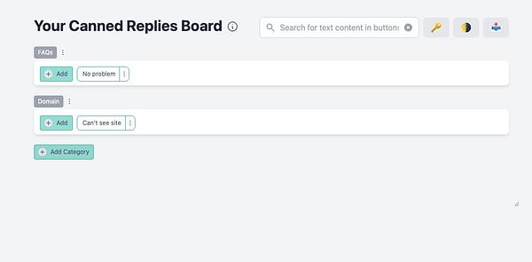 The image displays a user interface for a Canned Replies Board with options to add FAQs and domains.