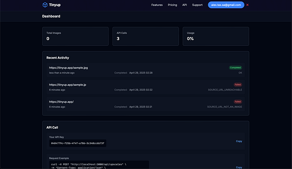 The image displays a dashboard interface for a service called Tinyup, showing recent activity and API call details.