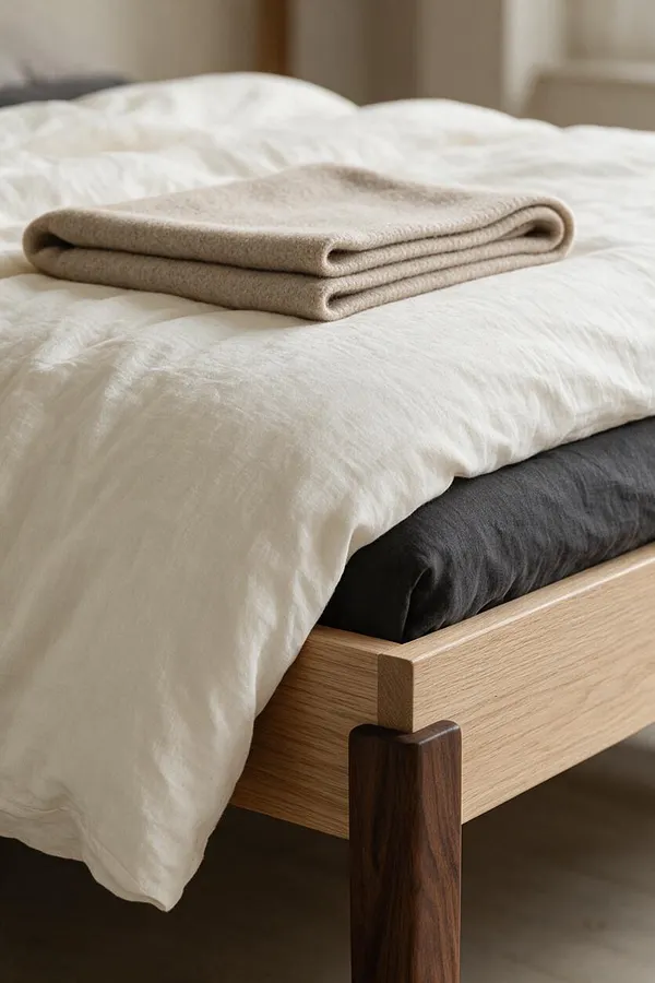 A close-up of a Japandi-style bed with cream bedding, a folded beige blanket, and a black sheet beneath. The bed frame is light oak with a dark wood leg, creating a warm, minimal contrast.