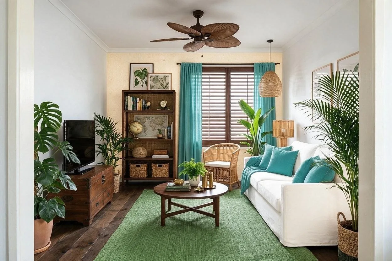 The same Tropical living room in the Lagoon palette: sand, white, turquoise, dark teak, and leaf green