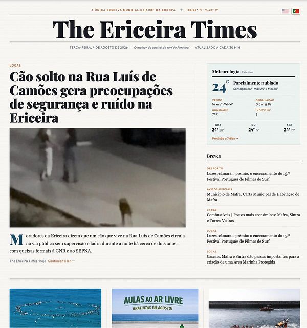 Screenshot of the Ericeira Times website homepage with visible navigation elements and a language choice section.