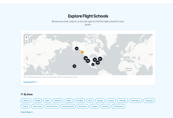 Website mockup showing a flight school landing page and an explore page with integrated maps for location and course discovery.