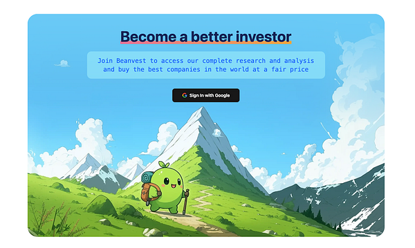 A colorful illustration promoting Beanvest, featuring a cute character in a scenic mountain landscape.