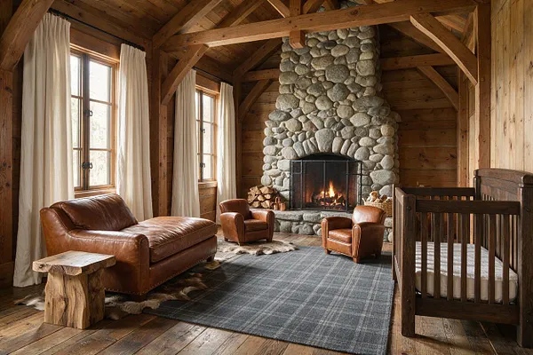 A rustic nursery set in a wood-paneled room with exposed beams, tall windows with cream curtains, and a large stone fireplace centered on the back wall. A dark wood crib sits on the right, while a leather sofa, two small matching chairs, and a log side table create a cozy seating area on a textured rug.