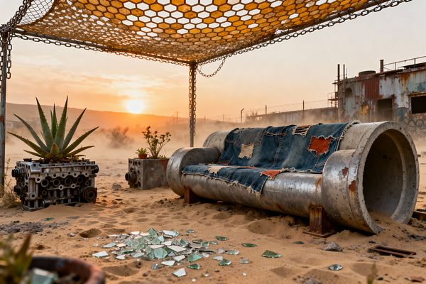 A desert patio at sunset features a sofa fashioned from a salvaged steel pipe, its seat draped in ripped, patchwork denim beneath a chain-slung hexagonal metal canopy. Succulents in repurposed engine-block planters sit on windblown sand beside scattered glass shards, with a barbed-wire fence and rusted corrugated buildings fading into dust and orange light in the background.
