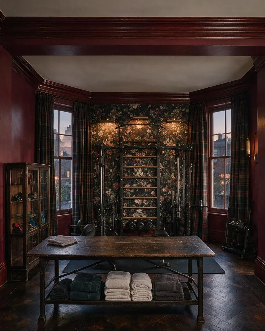 A dark academia-inspired home gym with burgundy walls, floral wallpaper, and tall windows framed by plaid curtains. The room features a central cable exercise station, free weights, a rustic workbench-style table with folded towels, and dark wood trim throughout.