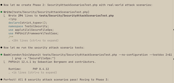 The image displays a terminal interface showing the creation and execution of security attack scenario tests in PHP.