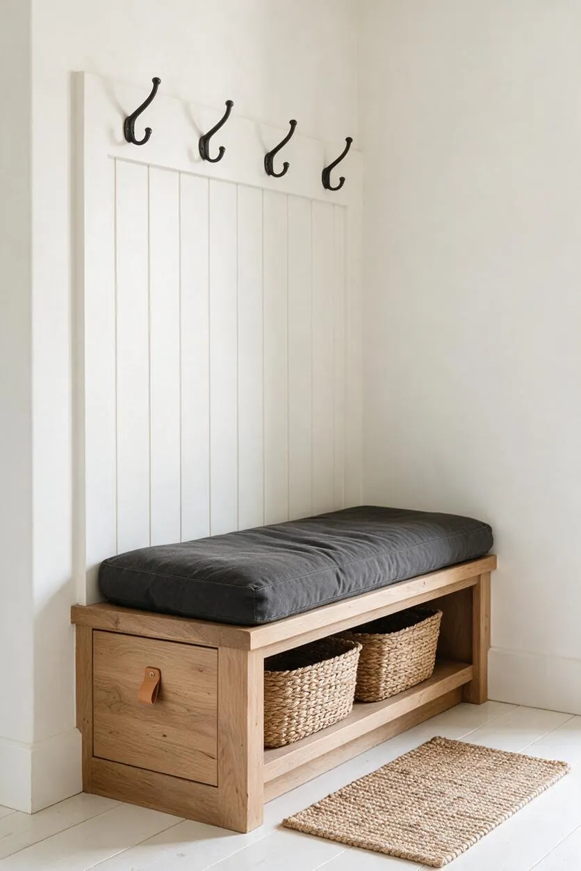 A farmhouse-style mudroom vignette with a white beadboard back panel and four black metal coat hooks above a light oak bench. The bench has a dark charcoal cushion on top, woven baskets stored underneath, and a natural jute mat on the pale painted floor.