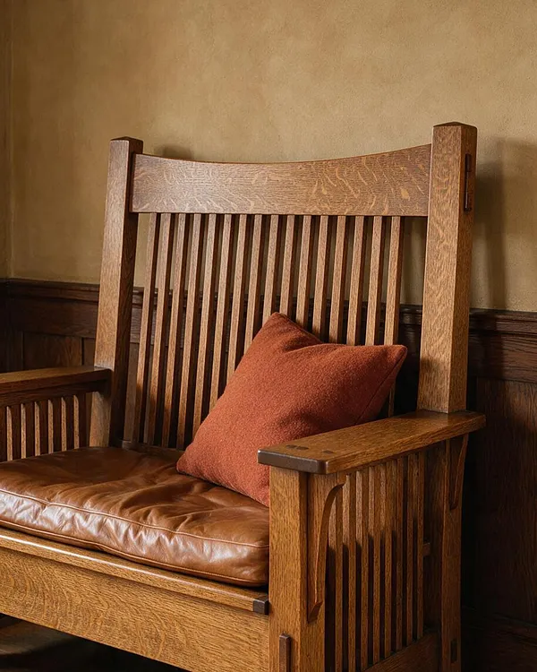 A Craftsman-style wooden chair with a tall slatted back, square arms, and a brown leather seat cushion sits against a warm tan wall with dark wood wainscoting. A rust-colored accent pillow rests on the seat, emphasizing the chair’s rich oak grain and handcrafted details.