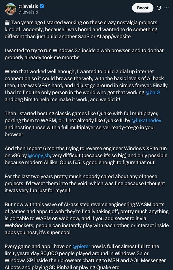 A detailed Twitter post by user @levelsio describing the journey of developing nostalgia projects including running Windows 3.1 and XP in browsers, hosting classic games, and the recent surge in user engagement with 80,000 players in 24 hours.
