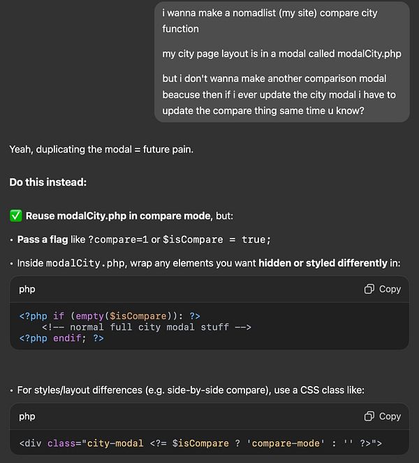The image displays a coding discussion about implementing a city comparison feature in a web application.