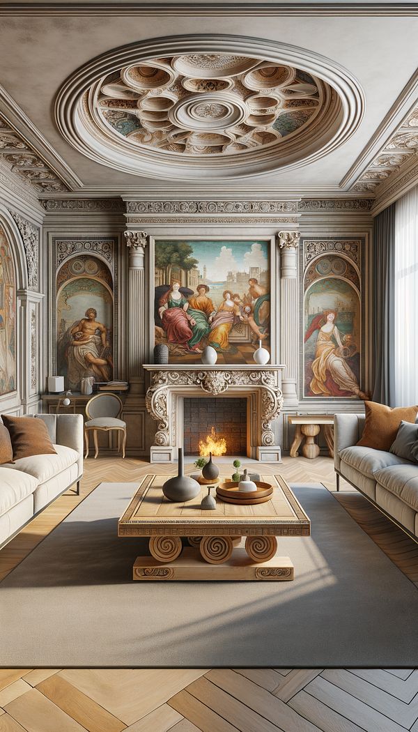 A modern living room that incorporates elements of Renaissance interior design, such as an ornate mantelpiece, a robust table with intricate carvings, and walls adorned with fresco-like paintings.