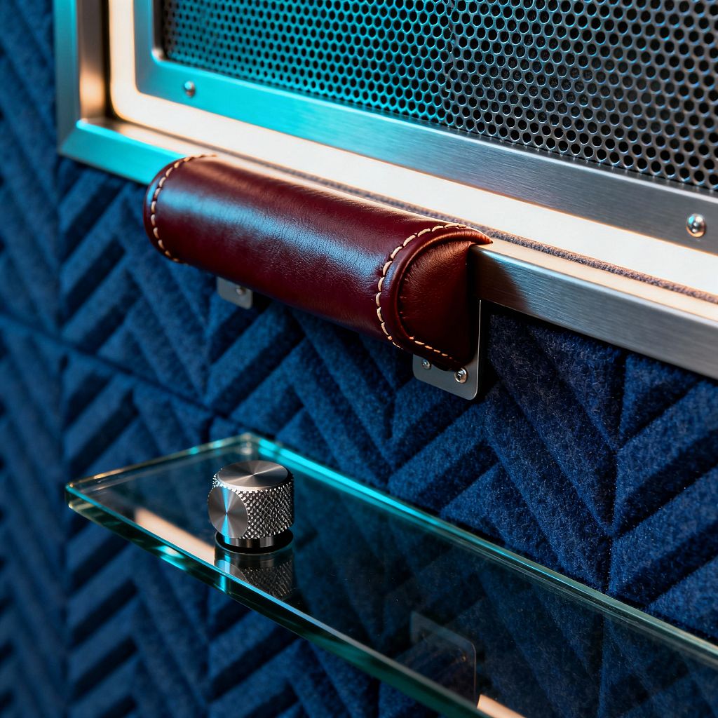 A close-up of a modern media room wall shows deep blue chevron-patterned acoustic panels beneath a brushed stainless frame and perforated metal speaker grille, finished with exposed screws. Below, a burgundy leather hand grip with cream stitching sits above a slim tempered-glass shelf holding a knurled metal control knob, while cool teal lighting accentuates the textures and precision detailing.