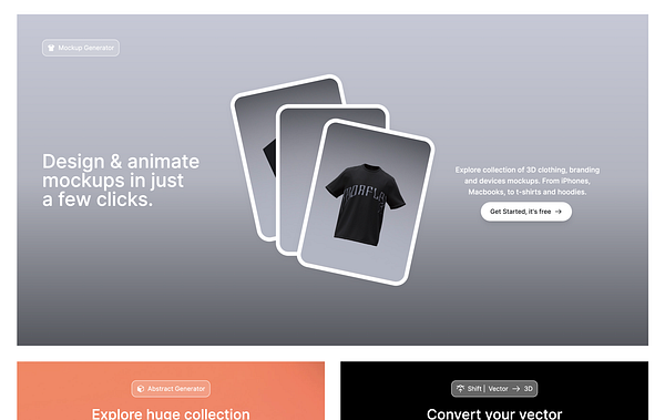 The image features a sleek landing page design for a mockup generator service.
