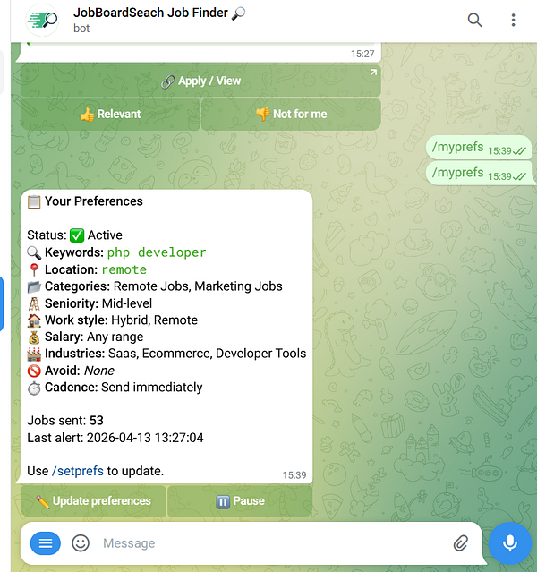 Screenshot of a code editor window showing Python code for a Telegram bot implementing job board search functionality.