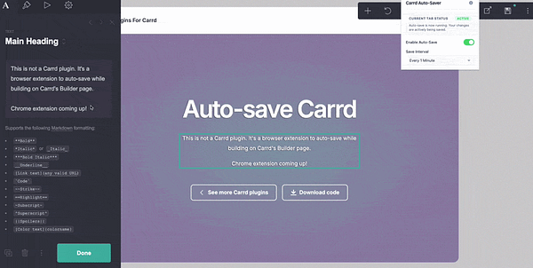 Screenshot of a GitHub pull request page showing a merged fix for the Autosave bug in the Carrd-Auto-Save extension.