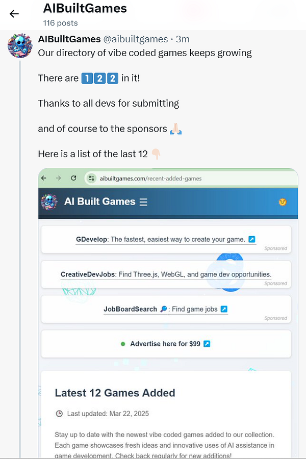 The image displays a webpage titled 'AI Built Games' showcasing the latest additions to a directory of coded games.