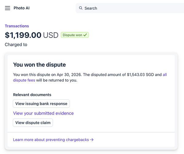 Screenshot of a dispute resolution result interface showing a $1,199 dispute win.