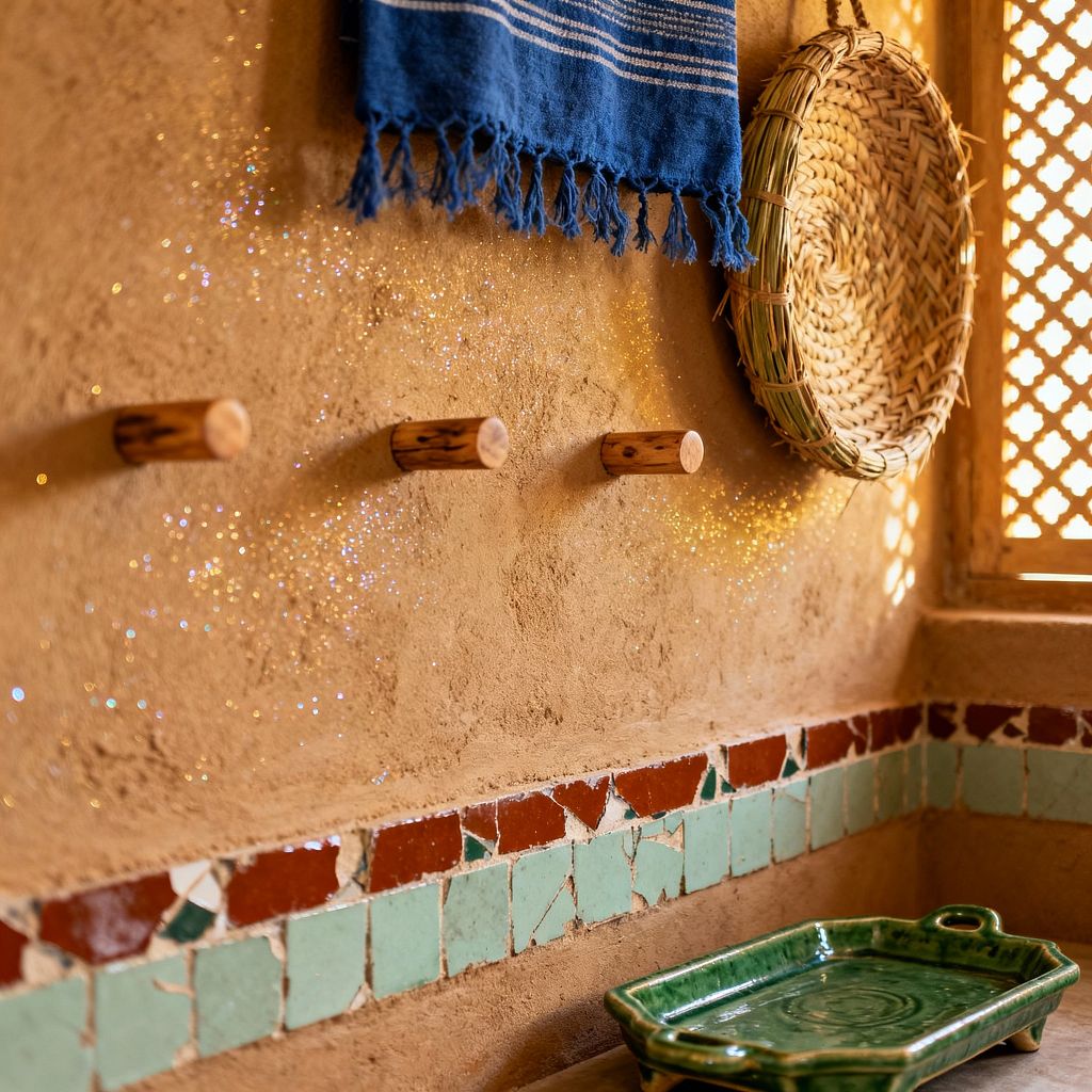 A close-up of a Moroccan-style mudroom corner shows textured earthen plaster walls with three simple wooden pegs, a striped indigo towel, and a round woven palm-leaf basket. A mosaic band of mint green and terracotta zellige tiles lines the ledge, while a mashrabiya wood lattice window casts patterned light onto the wall and a glossy deep-green ceramic tray on the counter.