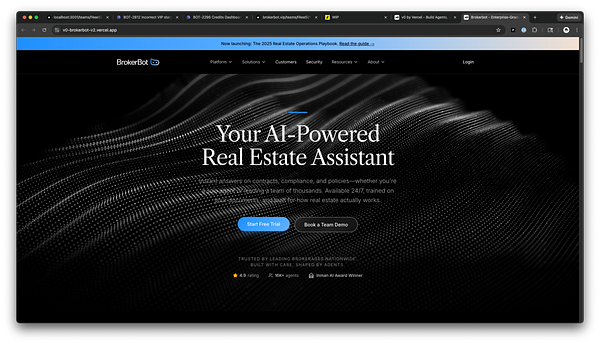 Website homepage for BrokerBot displaying a hero section with a city skyline and a chatbot interface.